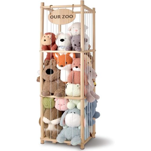 Stuffed Animal Storage Organizer - Thick Wooden Toy Zoo for Playroom & Bedroom, Large Plushies Holder with Cute Jail Cage Design, Plush Toy Display Tower Shelf (Large)