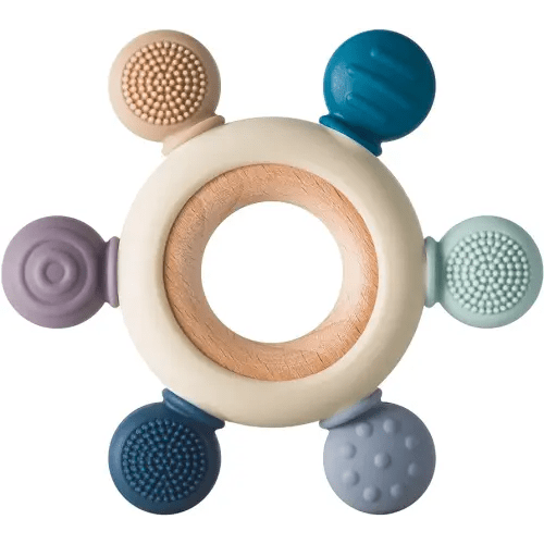 Baby Teething Toys Silicone Teethers BPA Free Silicone Rudder with Wooden Ring Soothe Babies Gums (Gray)