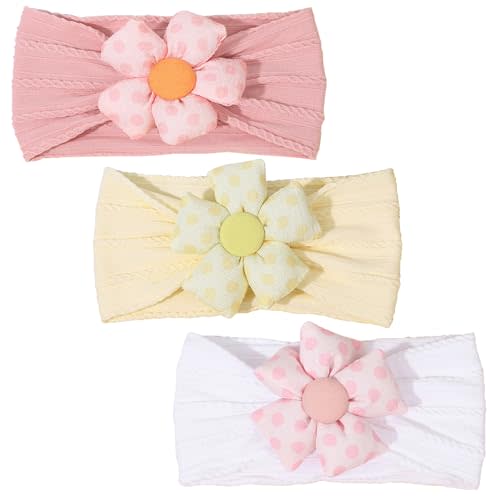 MIUXUESO 3 Pcs Baby Flower Headbands Baby Girls Nylon Headband Soft Hairbands Hair Accessories for Newborn Infant Toddler Kids (Yellow Pink White)