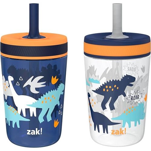 Zak Designs Kelso Toddler Cups For Travel or At Home, 15oz 2-Pack Durable Plastic Sippy Cups With Leak-Proof Design is Perfect For Kids (DinoRoar, Zaksaurus)