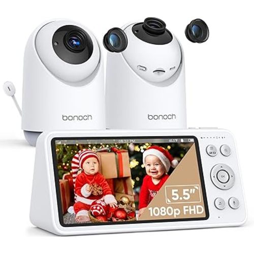 bonoch Baby Monitor with 2 Cameras - 1800ft Ultra Long Range Split Screen Dual Baby Monitor No WiFi with Camera and Audio, 7800 mAh, Auto Night Vision, 110° Wide-Angle, Recording & Playback, VOX