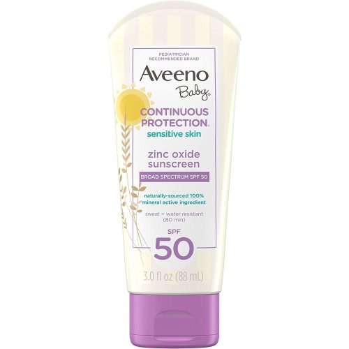 Aveeno Baby Continuous Protection Zinc Oxide Mineral Sunscreen Lotion for Sensitive Skin, Broad Spectrum SPF 50, Tear-Free, Sweat- & Water-Resistant, Paraben-Free, Travel-Size, 3 fl. oz - 3 Fl Oz (Pack of 1)