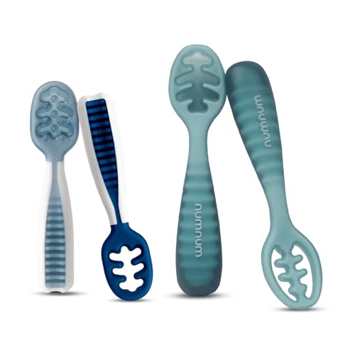 NumNum Baby Spoons Set, Baby Essentials Pre-Spoon GOOtensils for 6+ Months, First Stage Self-Feeding Spoons for Baby Led Weaning (BLW), Silicone Toddler Utensils, BPA-Free, 4 Pack Blue