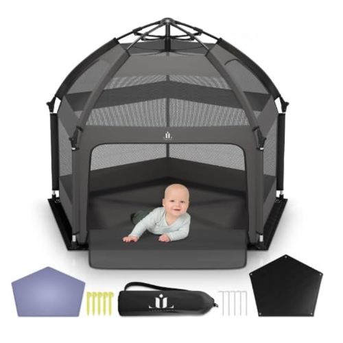 Pop-Up Playpen for Babies & Toddlers Foldable with Canopy (UPF 50), Self-Inflating Playmat, Wind Shade & Carry Bag Durable Baby Beach Tent, Outdoor