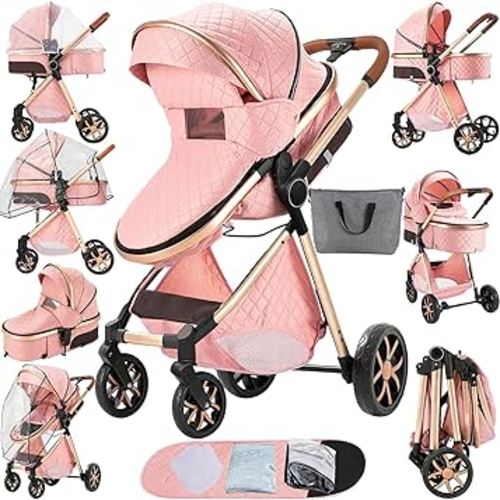 MoLi 2 in 1 Baby Bassinet Stroller, Convertible Foldable Standard Stroller, Reversible Pushchair Infant Buggy Carriage, Portable High Landscape Pram for Toddler Newborn, Aluminum Alloy (2USV9-PINK)