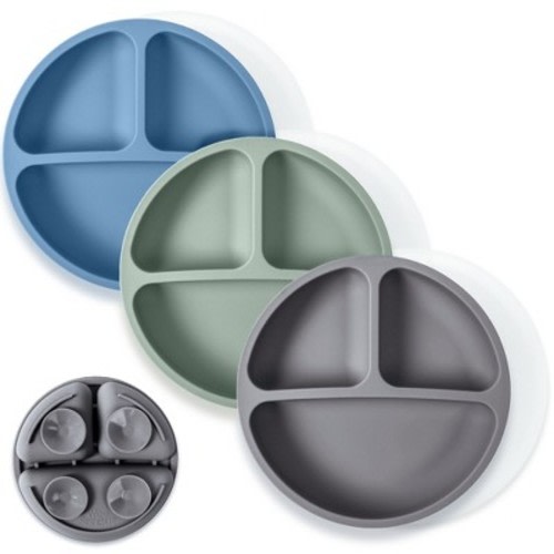 WeeSprout Suction Plates for Babies & Toddlers 100% Silicone Divided Design - With Lids, 3 Pack