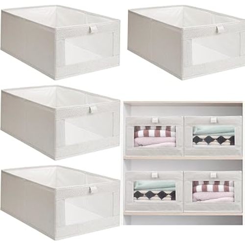 Kigley 8 Pcs Linen Closet Organizers and Storage Foldable Clothing Bins Large Foldable Box with Window Storage Baskets for Closet Shelf Clothes Jeans Toys Organization, Beige
