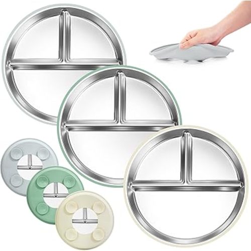 Bella's Friends Stainless Steel Kids Plates Suction Plate for Baby,3 Packs Non-Toxic Divided Toddler Plates,Food-Grade Silicone Plate for Baby,Dishwasher Safe,Grey White Green