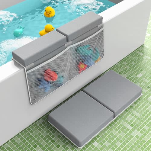 PIGLOG Baby Bath Kneeler and Elbow Rest Pad Set, 8 Strong Suction Cups Bath Kneeler, Widened Pockets Baby Bathing Mat Babyes Bathses Kneelering, Machine Wash Kneeling Pad for Bathing Babyes