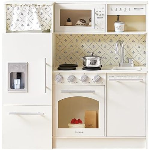 Tiny Land Play Kitchen for Kids, Upgraded Wooden Kitchen Toy with Complete Play Areas, Pretend Cooking Set with Sink, Stove, Microwave, Toy Coffee Station & Storage for Kids Ages 3+