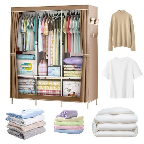 E-Greetshopping Portable Closet Organizer, 67"x49"x18" Wardrobe Closet with 3 Hanging Rods, 6 Clothes Storage Organizer Shelves, Easy to Assemble, Dustproof Non-woven Fabric Closet Storage(Brown)