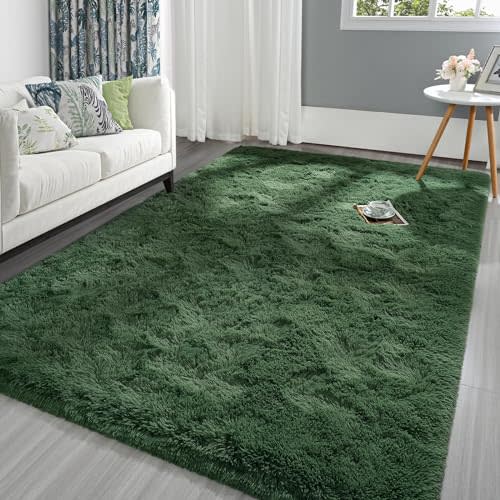 Pettop Fluffy Deep Green Rug for Bedroom Living Room, 8x10Feet Rectangle Large Rug Plush Fuzzy Carpet for Girls Kids Boys, Non-Slip and Washable Rug for Nursery Classroom, Home Decor Rug