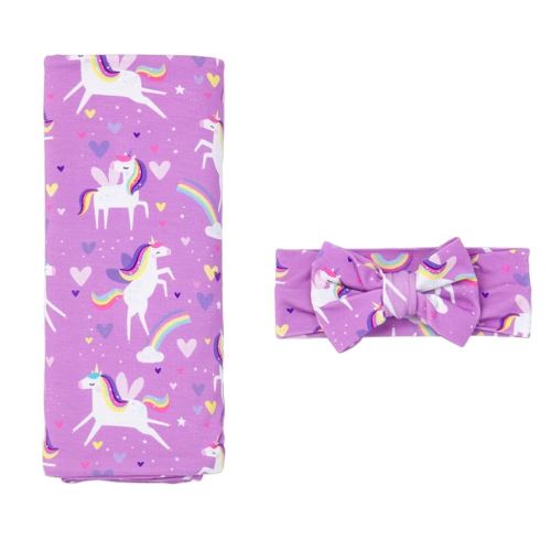 Little Sleepies Swaddle & Headband Bow Set, Viscose from Bamboo Baby Swaddles, Newborn Baby Girl Clothes (Sienna's Unicorns)
