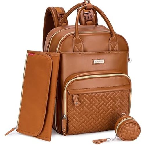 RUVALINO Diaper Bag Backpack, Multifunction Travel Pack Maternity Baby Changing Bags, Large Capacity, Waterproof, Brown