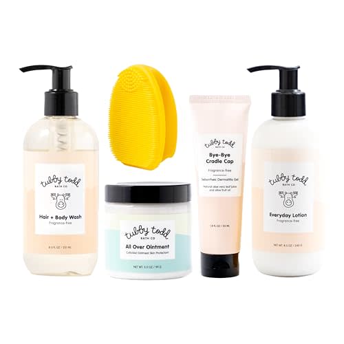 Tubby Todd Baby Cradle Cap Solution for Sensitive Skin - The Bye-Bye Cradle Cap Kit - Cradle Cap Gel, Shampoo + Body Wash, Lotion, All Over Ointment, & Cradle Cap Brush - Standard Size Fragrance-Free
