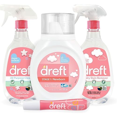 Baby Gifts Set by Dreft, Baby and Mom Gift Set with Liquid Laundry Detergent, Laundry Stain Remover, Stain Remover Pen & All Purpose Cleaner Spray, Great for Baby Showers
