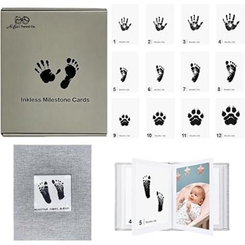 15 Pack Baby Inkless Milestone Cards Album, Inkless Baby Hand Footprint Kit, Monthly Milestone Signs, Baby Book Keepsake, Baby Growth Milestone Cards for Newborn (Gray Set + Photo Album)