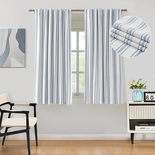 ZJDECOR 63 Inch Blue Striped Full Blackout Window Curtain Panels,Blue Stripe on White Cotton Blended Light Filteirng Fabric,Room Darkening Window Treatment for Bedroom,Rod Pocket Back Tab,55"Wx63"Lx2