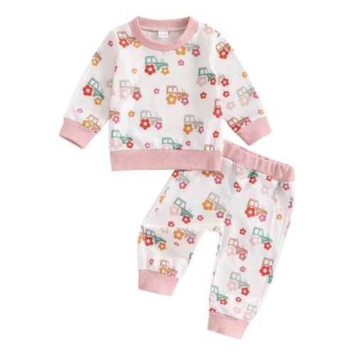 Baby Girl Infant Clothes Tractor Floral Print Long Sleeve Sweatshirt Top Pants Set 2Pcs Fall Toddler Country Outfit