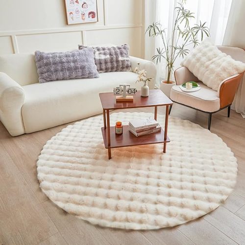 White Round Rabbit Plush Rug for Bedroom Living Room Sofa,5'X5' Faux Fur Fluffy Shaggy Circle for Kids Teen Girls,Furry Carpet Circular for Nursery Baby