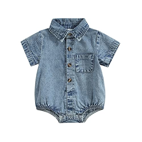 Unisex Newborn Baby Boy Girl Clothes Denim Button Up Shirt Oversized Lapel Short Sleeve Bubble Romper Outfit