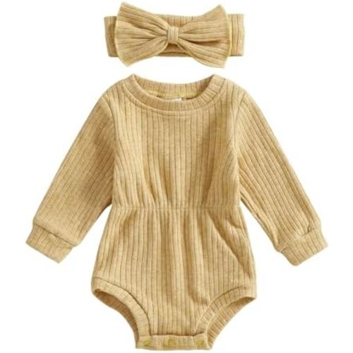 Karwuiio Newborn Baby Girl Fall Outfits Long Sleeve Ribbed Knit Jumpsuit Romper with Headband Infant Clothes Sets