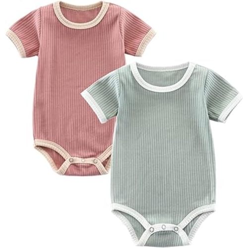 Baby Bodysuit,Short Sleeve Boys Girls Romper,100% Cotton Unisex Baby Clothes,Button Outfit,Pack of 2
