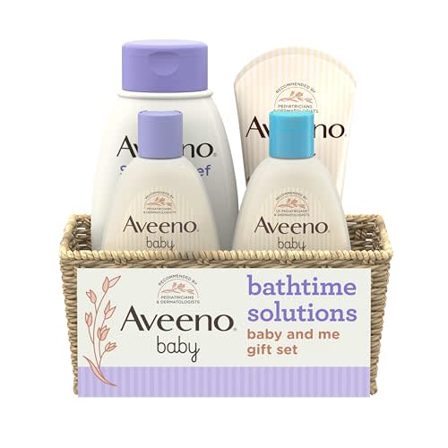 Aveeno Baby Bathtime Solutions Gift Set with Body Wash & Shampoo, Calming Bath, Daily Moisturizing Lotion & Stress Relief Body Wash for Mom, Oatmeal, 4 Items