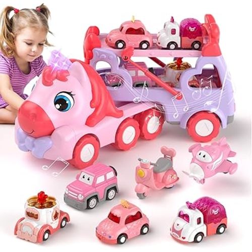 7 in 1 Carrier Truck Toys for 1 2 3 Year Old Girl Birthday Gifts, Princess Toddler Toys Age 1-3 2-4, Toddler Girl Car Toys with Light & Music, Toy Car for Girls
