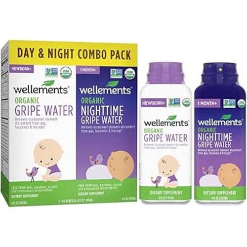 Wellements Organic Baby Gripe Water, Day & Night Combo Pack | Relieves Occasional Stomach Discomfort from Baby Gas, Colic, Hiccups and Fussiness | USDA Certified Organic (Pack of 2, 4 Fl Oz Bottles)