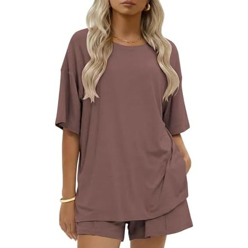 Ekouaer Womens 100% Cotton 2 Pieces Short Sets Summer Short Sleeve Outfits Casual Matching Lounge Set with Pockets