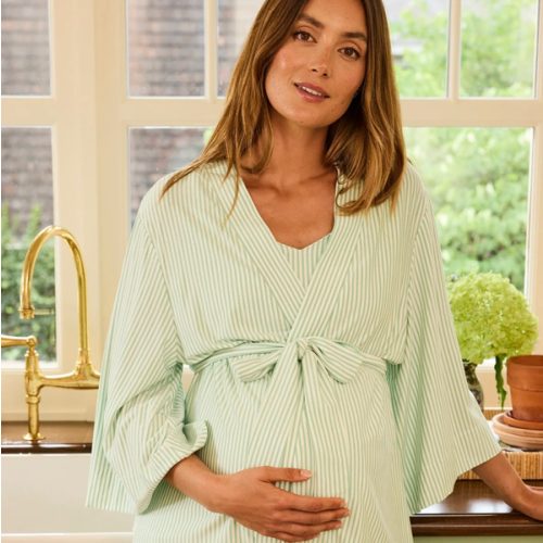 LAKE | Women | DreamModal Pajamas | Parisian Green Pencil Stripe Maternity Kimono Bundle