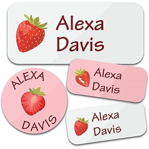 Personalized Daycare Name Labels for Kids (130 Labels) - Custom Waterproof Name Stickers for Clothing Tags, Water Bottles, Lunch Boxes and School Supplies (Strawberry)