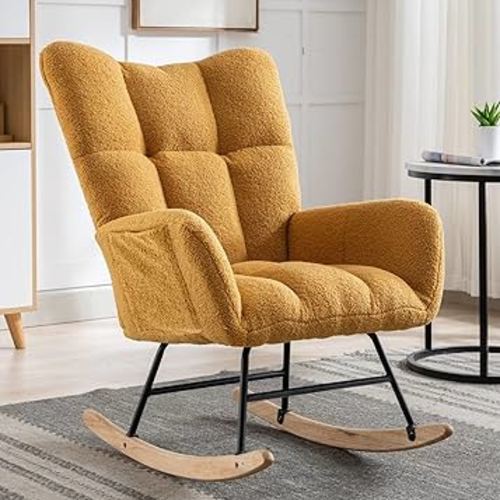 Nursery Rocking Chair Teddy Upholstered Glider Rocker Rocking Accent Chair with High Backrest Armchair Comfy Side Chair for Living Room, Bedroom, Offices (Turmeric)