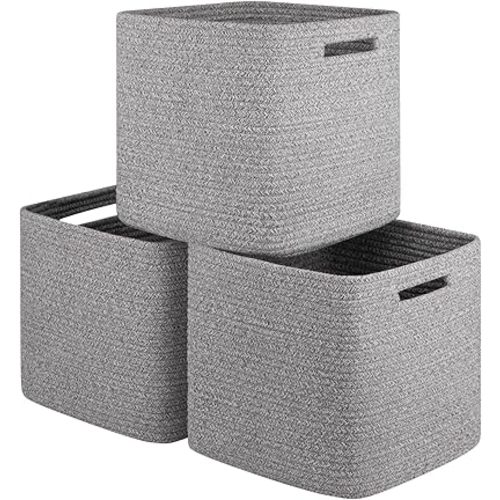 Storage Cube 3 Pack, Woven Rope Storage Baskets for Organizing, 11*11 Inches Shelf Basket|Cube Storage Bin|Square Baskets for Living Room, Baby Nursery Room-Grey
