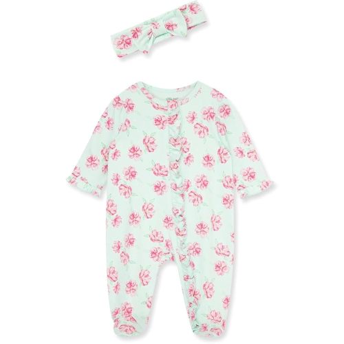 Little Me Clothes for Baby Girls 100% Cotton 2Pc Zipper Closure Footie and Headband Set, Baby Essentials, Preemie to 9 Months