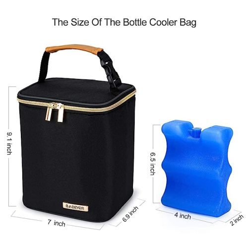 BABEYER Breast Milk Cooler Bag with Ice Pack Fits 4 Baby Bottles Up to 9 Ounce Suitable for Nursing Mom Daycare, Black - Fits 9 Oz Baby Bottles