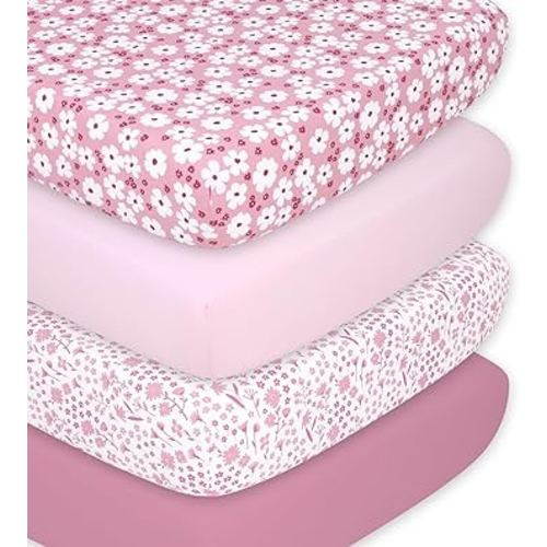 The Peanutshell Crib Sheets for Girls, Fitted Baby Bed Sheet Set, Standard Size Crib Mattress, 52x28, Floral Daisy Nursery Decor, 4 Pack in Pink, White