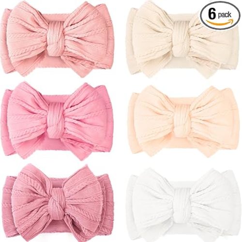 CÉLLOT 6 Pcs Baby Bows Headbands Nylon Hairbands Baby Girl Bows Hair Accessories for Newborn Infant Toddler Essentials (Classic Pink Series)