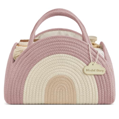 Blissful Diary Baby Diaper Caddy Organizer, Cotton Rope Diaper Caddy Basket, Large Storage Basket for Newborn Boys and Girls, Gift for Baby Shower List, Newborn Essentials, Blush Rainbow