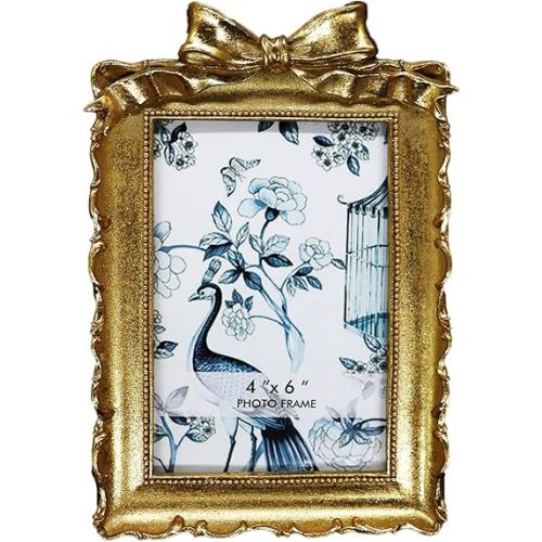 BLYBH Vintage Picture Frame 4x6 Bowknot Retro Photo Frames, Tabletop & Wall Hanging Ornate Antique Picture Frame with High Definition Glass, Gold