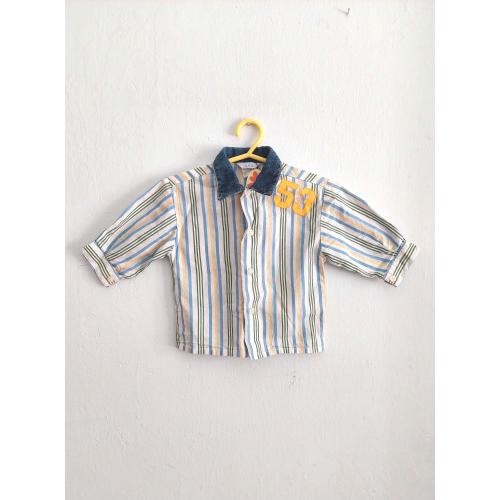 Vintage IANA Striped Baby Shirt | 3-6 months | Button Down | Denim Collar | Toddler Top | With Number 53 Embroidered Decal