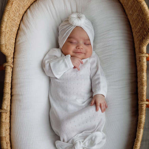 Sleeper and Headwrap Set in Vanilla Pointelle