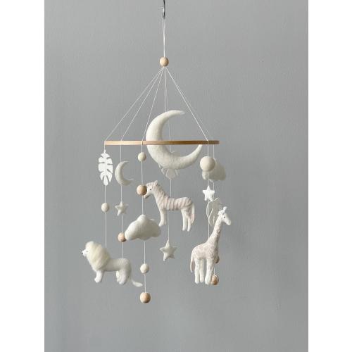White baby mobile neutral animals Africa nursery mobile felt Africa safari giraffe, zebra and lion . Crib mobile moon and clouds mobile.