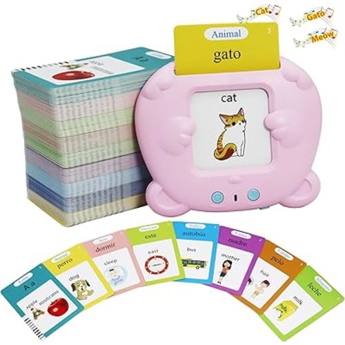 Spanish & English 510 Words Alphabet Bilingual Talking Flash Cards for 3-8 Years Toddlers, Pocket Speech Buddy Therapy Autism Toys, Educational Learning Interactive Toy for Boys Girls Kids Gifts Pink