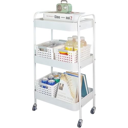 LIWNYRK Metal 3 Tier Rolling Cart with Wheels for Kitchen Storage & Laundry Room Organization, Bedside Cart with Handle and 4 Hooks, Versatile Large Capacity Art & Craft Storage Organizer, White