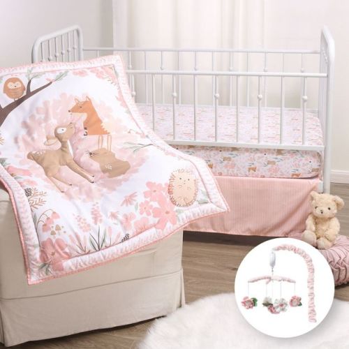 The Peanutshell Fairytale Forest Crib Bedding Set For Baby Girls, 3-piece Nursery Set In Pink|white