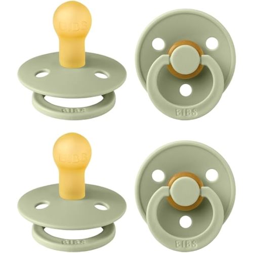 BIBS Colour Pacifier 4-Pack, BPA Free Dummy Pacifier, Round Nipple. Natural Rubber Latex, Made in Denmark, Size 1 (0-6 Months), Sage