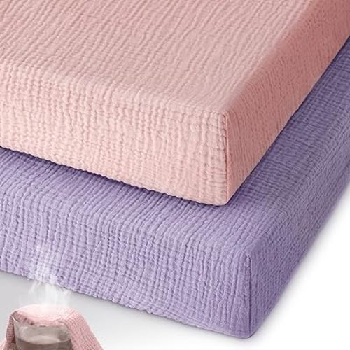 Unnivoll Muslin Pack and Play Sheets Fitted, 100% Cotton Mini Crib Sheets 2 Pack for Pack N Play Mattress, Stretchy Playard Sheet, Soft and Breathable Pink & Purple