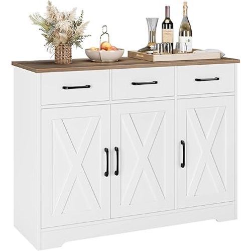 HOSTACK Modern Farmhouse Sideboard Buffet Cabinet, Barn Doors Buffet Storage Cabinet with Drawers and Shelves, Wood Coffee Bar with Storage for Kitchen, Dining Room, Living Room, White